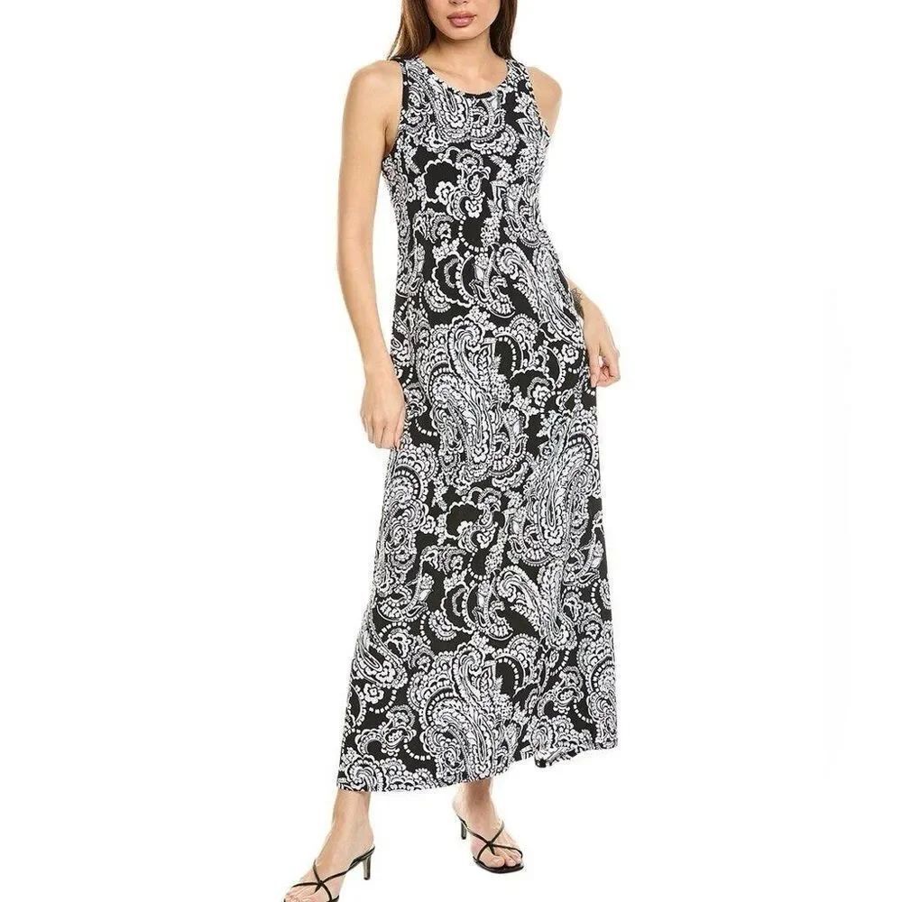 Talbots floral paisley Elegant Black and White Dress keyhole back soft L